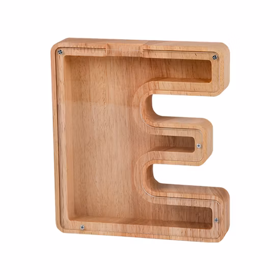 Neues kreatives hölzernes Alphabet-Sparschwein aus transparentem Glas aus Holz